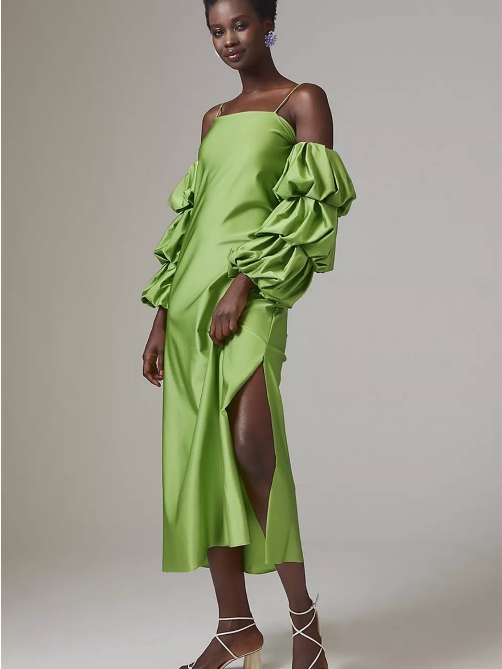 Satin Lime Green Off-Shoulder Midi Dress with Statement Puff Sleeves